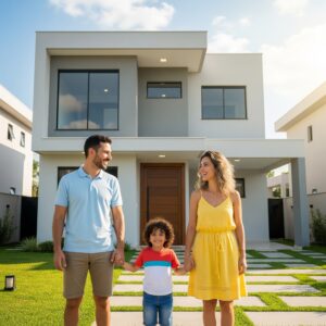 Família brasileira feliz, com pai, mãe e filho, em frente a uma casa moderna em meio à floresta tropical da Amazônia, sorrindo e celebrando a conquista do novo lar.