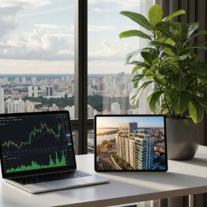 Mesa de escritório com um laptop exibindo uma planilha financeira, um tablet com a foto de um prédio de apartamentos e uma paisagem urbana com natureza ao fundo.