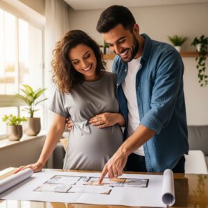 Casal grávido feliz, olhando e planejando a planta de uma casa nova. O homem aponta para o projeto enquanto a mulher segura a barriga.