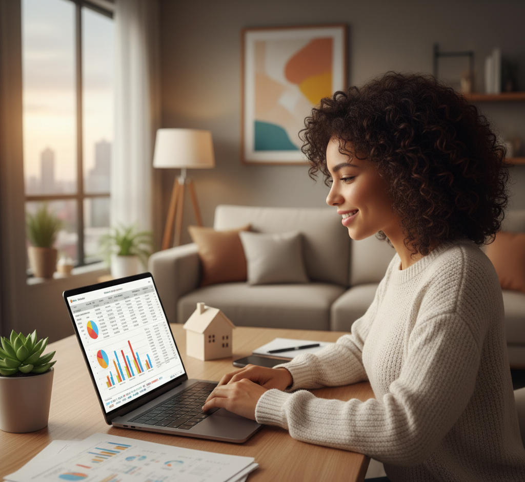 Mulher brasileira sorri enquanto organiza finanças em um laptop, sentada em sua casa em Manaus, com uma maquete de casa na mesa e planilhas de gráficos ao lado.