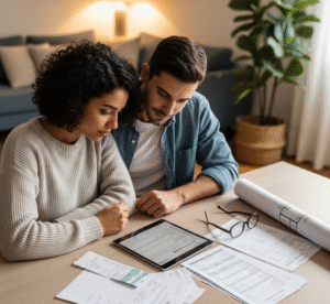 Homem e mulher, sorrindo e atentos, analisam documentos de financiamento e uma planta de imóvel em um tablet, sentados à mesa de uma sala.