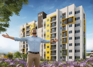 Um homem sorridente de braços abertos, em frente a um moderno edifício residencial da Olá Casa Nova em Manaus, sob um céu azul. A imagem transmite a sensação de realização e a alegria de encontrar o lar ideal.