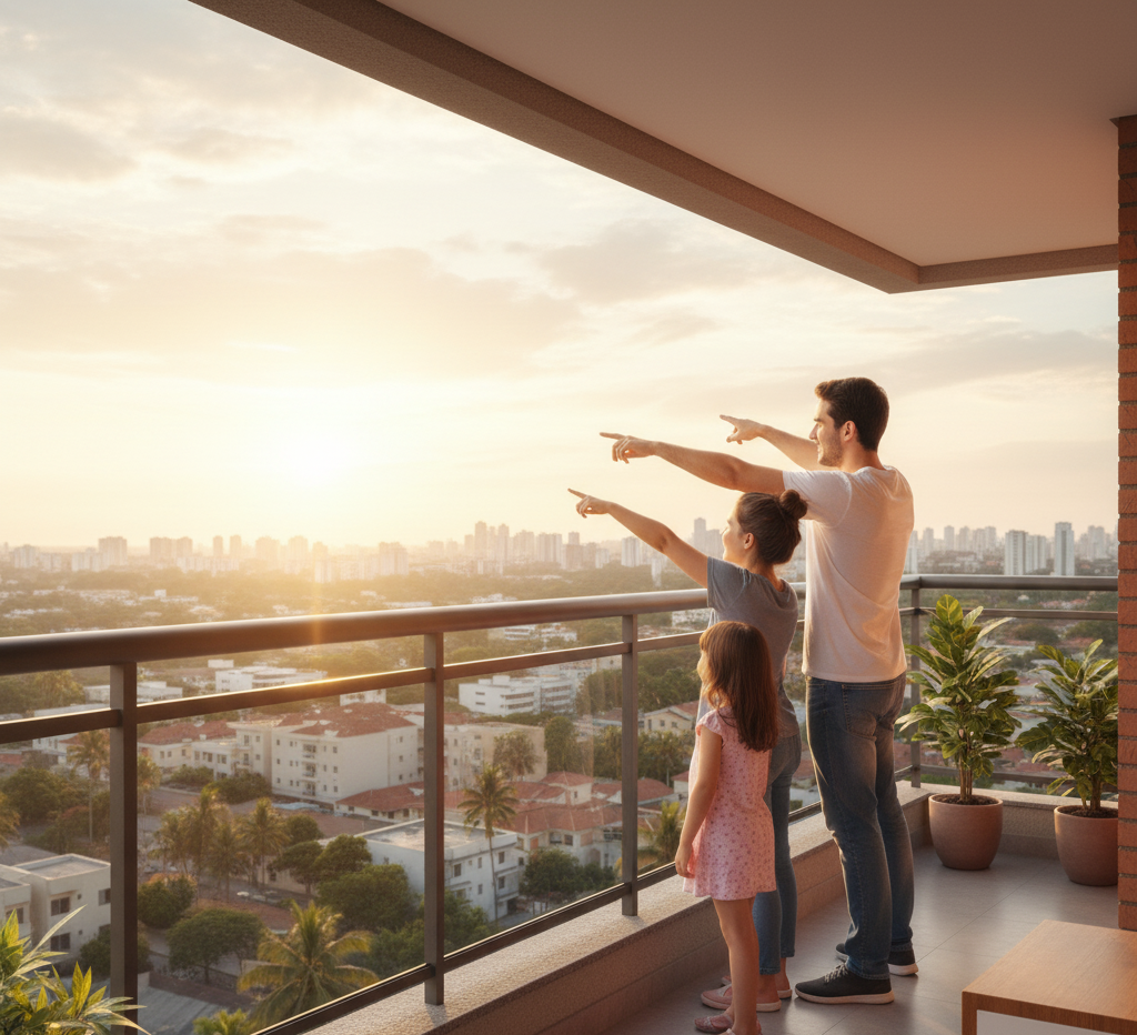 Uma família (casal e filha pequena) está na var varanda de um apartamento moderno, apontando para o horizonte de Manaus ao nascer do sol. A logo da "Olá Casa Nova" é visível em uma caixa ou móvel na varanda.