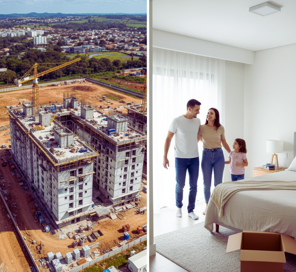 texto alternativo para esta imagem


Uma imagem dividida ao meio. À esquerda, um canteiro de obras de um condomínio residencial em Manaus sob um céu claro. À direita, um casal brasileiro com uma criança entra sorridente em um quarto de apartamento mobiliado, com uma caixa de mudança no chão.