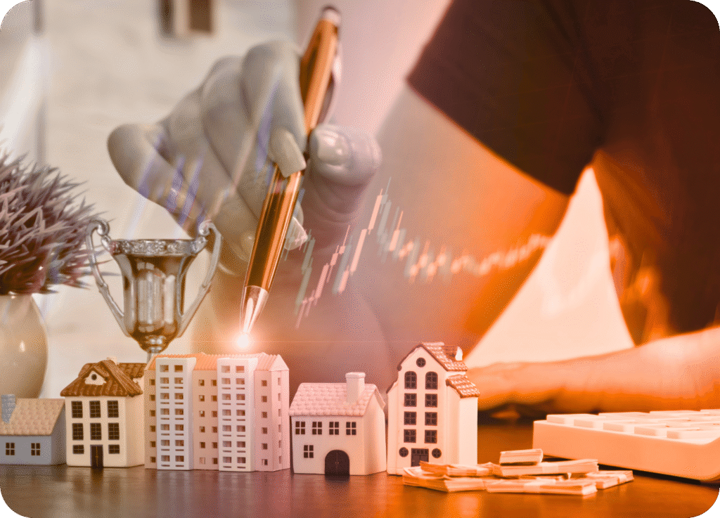 Mão segurando uma caneta sobre pequenos modelos de casas, com notas de dinheiro e um troféu ao lado. Sobreposição de gráficos de crescimento financeiro em tom laranja, simbolizando investimento e sucesso imobiliário.