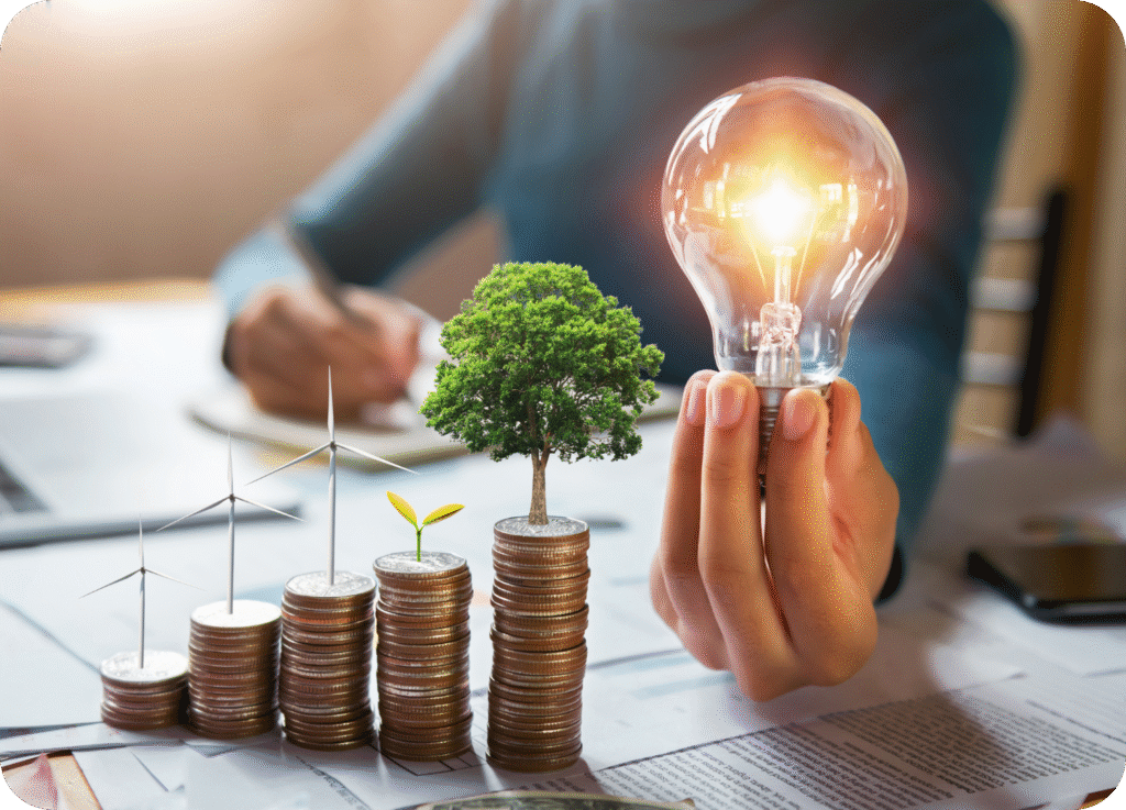 Mão segurando uma lâmpada acesa (ideia/eficiência) ao lado de pilhas crescentes de moedas. Sobre as moedas há turbinas eólicas, um broto e uma pequena árvore, simbolizando o crescimento sustentável e investimento verde.