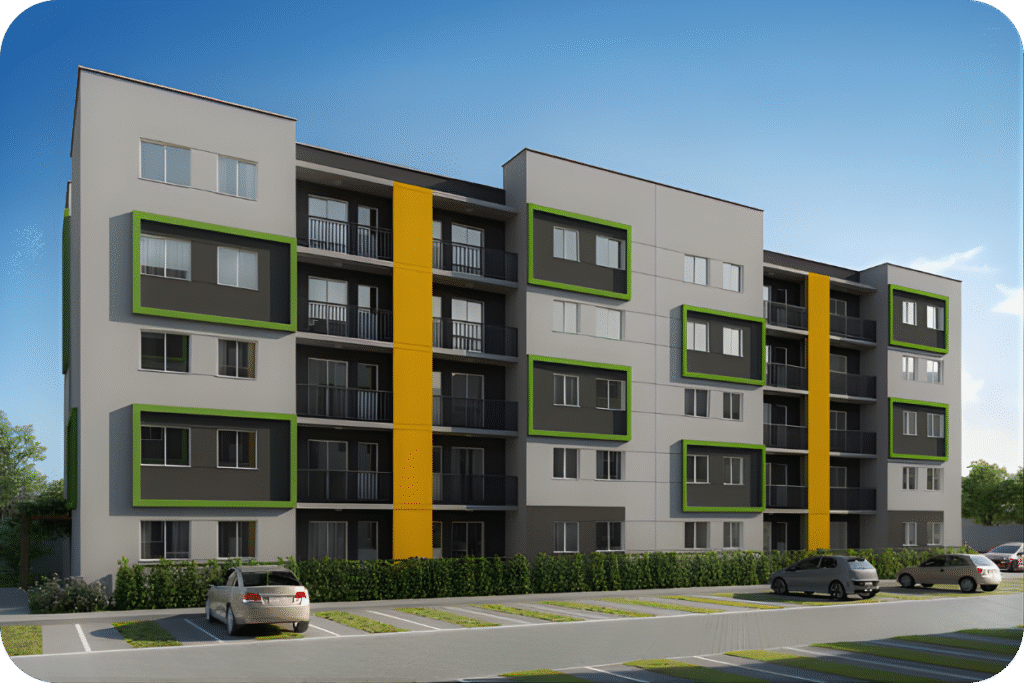 Renderização ultrarrealista da fachada de um edifício residencial moderno da Olá Casa Nova, com design em cinza, detalhes em verde-limão e coluna vertical amarela, e vagas de estacionamento.