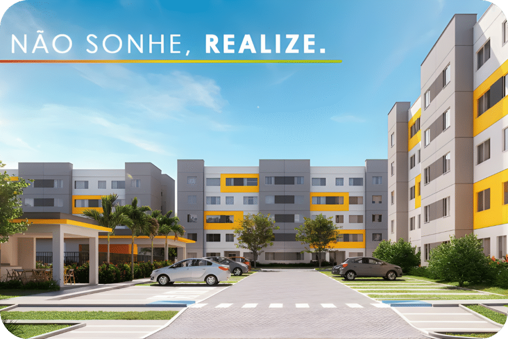 Vista externa dos prédios de apartamentos do Residencial Realize Ajuricaba em Manaus. A imagem mostra a fachada em tons de cinza e amarelo, vagas de estacionamento e a frase 'NÃO SONHE, REALIZE.' no topo.