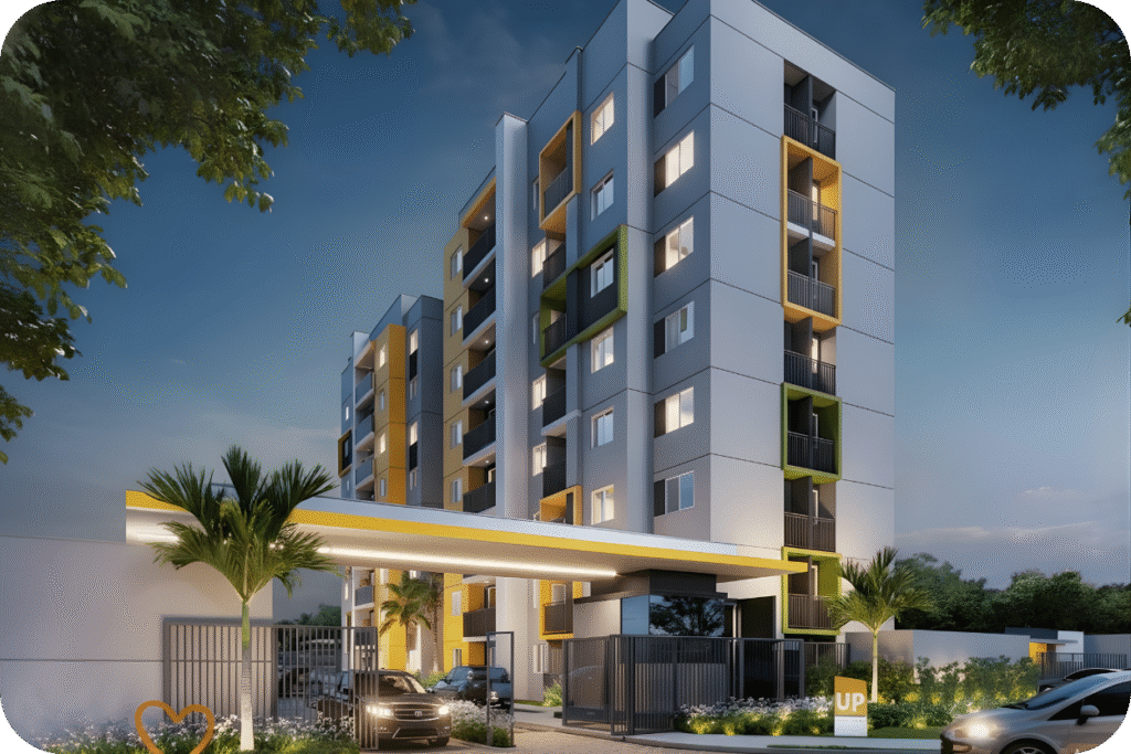 Fachada noturna ultrarrealista do condomínio residencial UP Olá Casa Nova, destacando a portaria com cores cinza, amarelo e verde, carros entrando no acesso principal e iluminação paisagística.