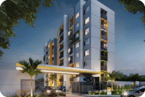 Fachada noturna ultrarrealista do condomínio residencial UP Olá Casa Nova, destacando a portaria com cores cinza, amarelo e verde, carros entrando no acesso principal e iluminação paisagística.