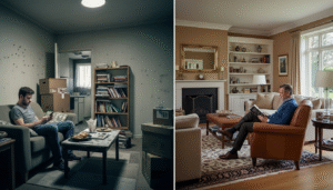 Montagem comparativa mostrando o impacto da organização no bem-estar. À esquerda, um homem jovem em uma sala escura e bagunçada, cercado por caixas de mudança e prateleiras desordenadas, transmitindo isolamento. À direita, um homem maduro lê tranquilamente em uma sala de estar ampla, organizada e iluminada, com decoração clássica, simbolizando paz e sucesso alcançados através da ordem.