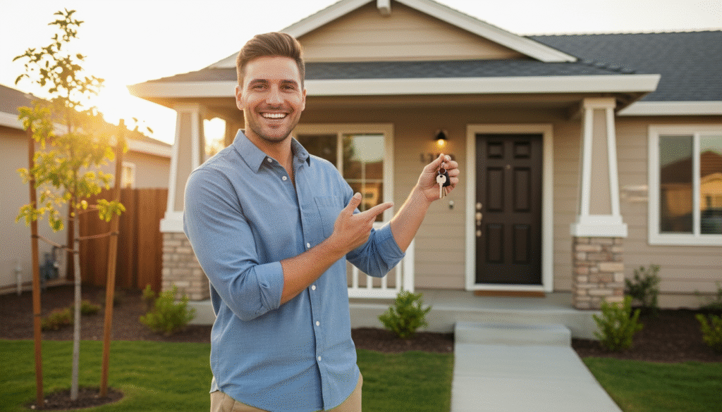 Um homem jovem e sorridente em frente a uma casa de estilo americano moderna e elegante. Ele veste uma camisa azul e segura um molho de chaves, apontando para elas com a outra mão. A imagem simboliza a realização do sonho da casa própria, a entrega de chaves por um corretor de imóveis e a felicidade de um novo começo em um lar recém-adquirido.
