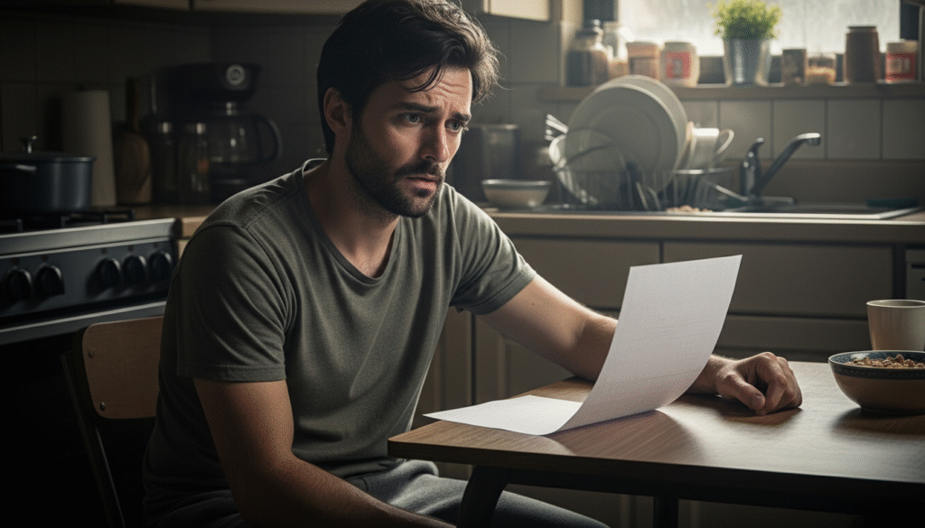Um homem jovem de barba e camiseta cinza sentado à mesa de uma cozinha, olhando com expressão de preocupação e seriedade para um papel em branco que segura. A cena, em tons sóbrios, ilustra o momento de encarar desafios financeiros, ler notícias difíceis ou planejar uma mudança de vida importante em um ambiente doméstico cotidiano.