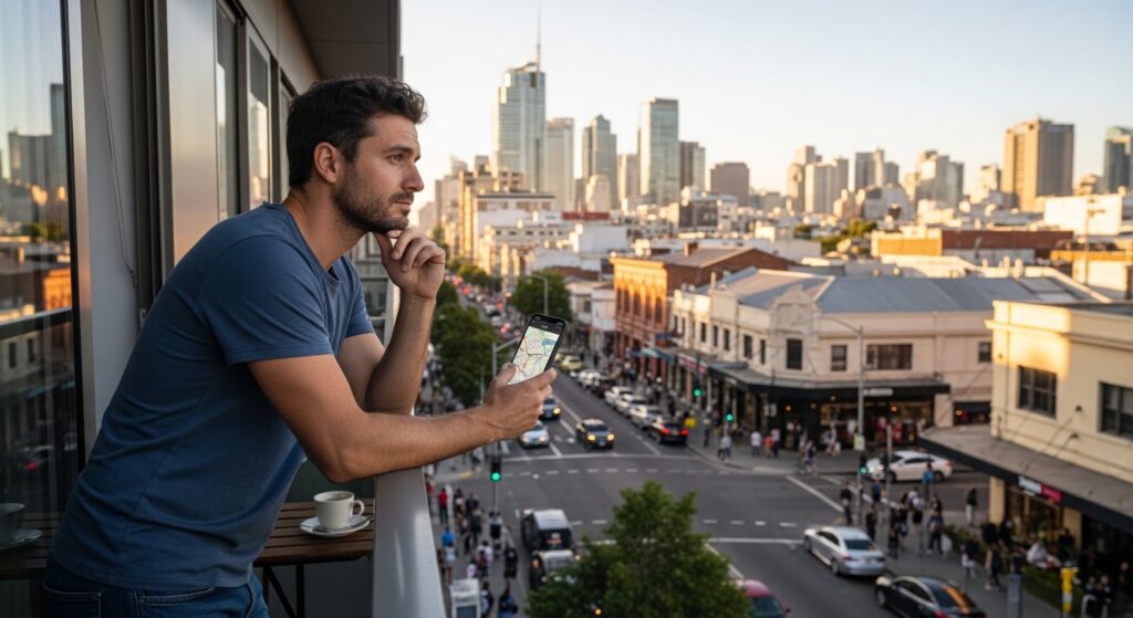 Um homem jovem de camiseta azul está apoiado no parapeito de uma varanda de apartamento, olhando pensativamente para o horizonte de uma grande cidade ao entardecer. Ele segura um smartphone que exibe um aplicativo de mapas. A imagem simboliza a busca por novos caminhos, a reflexão sobre a vida urbana e o planejamento de metas pessoais sob a luz quente do fim de tarde.