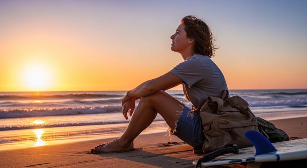 Uma mulher jovem sentada na areia de uma praia ao entardecer, contemplando o pôr do sol sobre o mar. Ela veste roupas casuais, usa uma mochila de lona e tem uma prancha de surfe branca com quilha azul ao seu lado. A imagem transmite uma sensação de paz, liberdade e conexão com a natureza, ideal para campanhas de autocuidado e turismo de aventura.