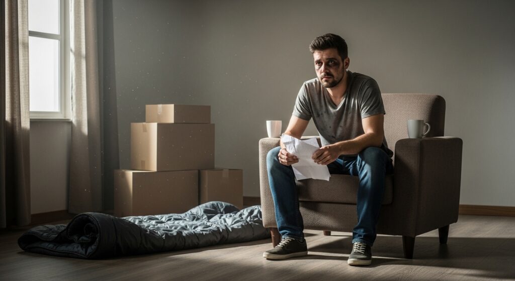 Um homem jovem de mochila e camisa jeans em um apartamento novo e vazio, iluminado pela luz dourada do pôr do sol. Ele segura um tablet que exibe a planta baixa detalhada do imóvel, apontando para a tela enquanto olha para o horizonte através de uma grande janela de vidro. A imagem representa o uso de tecnologia proptech no planejamento e visualização de novos lares