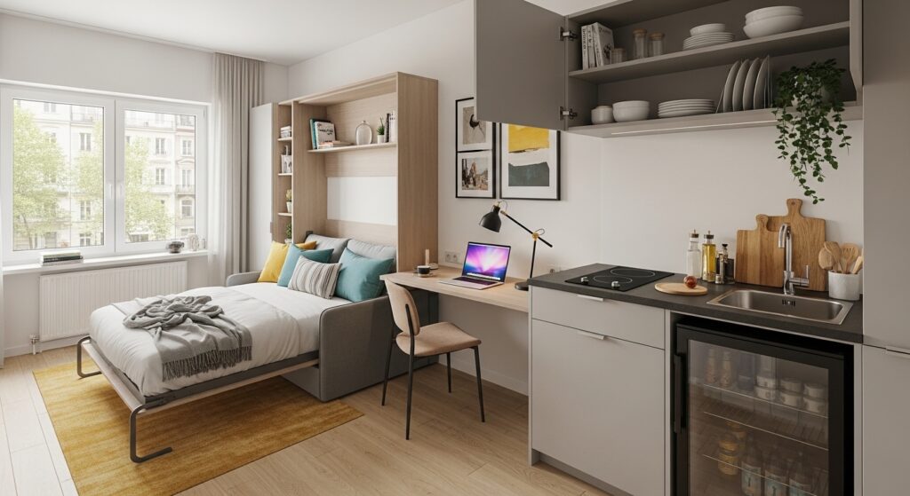 Interior de um microapartamento moderno e bem iluminado, demonstrando a integração inteligente entre quarto, escritório e cozinha. À esquerda, uma cama de solteiro integrada a um armário de madeira clara; ao centro, uma bancada de trabalho com laptop; à direita, uma cozinha compacta cinza com cooktop e frigobar de vidro. O design utiliza tons neutros e madeira para criar uma sensação de amplitude.