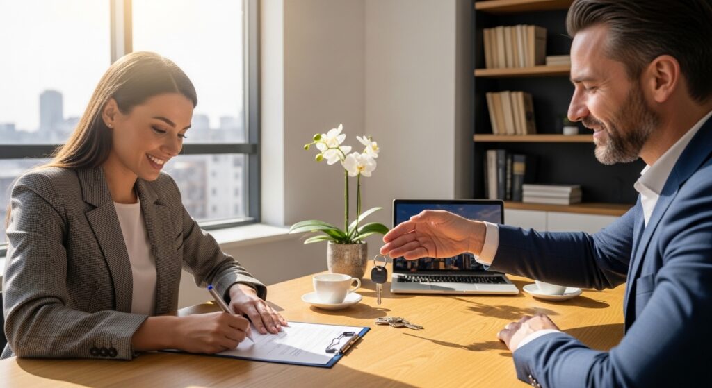 Uma mulher sorridente em um blazer cinza assina um documento sobre uma mesa de madeira em um escritório iluminado. À sua frente, um homem em um terno azul estende a mão entregando as chaves de um novo imóvel. Sobre a mesa, há um laptop, uma xícara de café e um vaso com orquídeas brancas. Ao fundo, uma grande janela revela a silhueta da cidade sob a luz do dia, simbolizando a conclusão bem-sucedida de uma transação imobiliária.