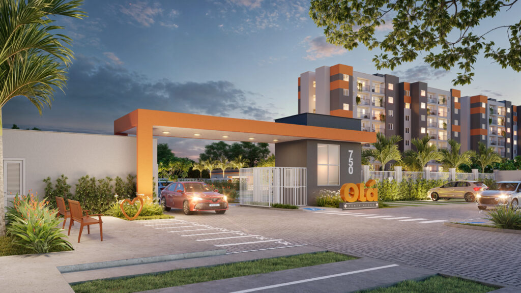 Fachada moderna da guarita de entrada de um condomínio residencial de luxo na Ponta Negra. A estrutura apresenta um design contemporâneo com teto plano, detalhes em madeira e vidro espelhado. À frente, uma rua de asfalto novo com sinalização horizontal impecável e palmeiras decorativas. O céu está azul e limpo, transmitindo uma sensação de exclusividade, organização e segurança 24 horas
