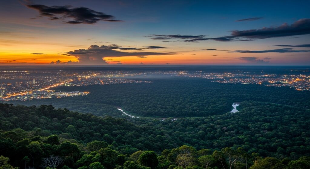 Vista aérea panorâmica da Floresta Amazônica ao entardecer, com um rio serpenteando entre a densa vegetação verde. Ao fundo, o horizonte exibe um pôr do sol vibrante em tons de laranja e amarelo, contrastando com o céu azul escuro. À esquerda e à direita, as luzes da cidade de Manaus começam a brilhar, mostrando o encontro entre a natureza preservada e o centro urbano. Uma nuvem imponente e iluminada se destaca no horizonte